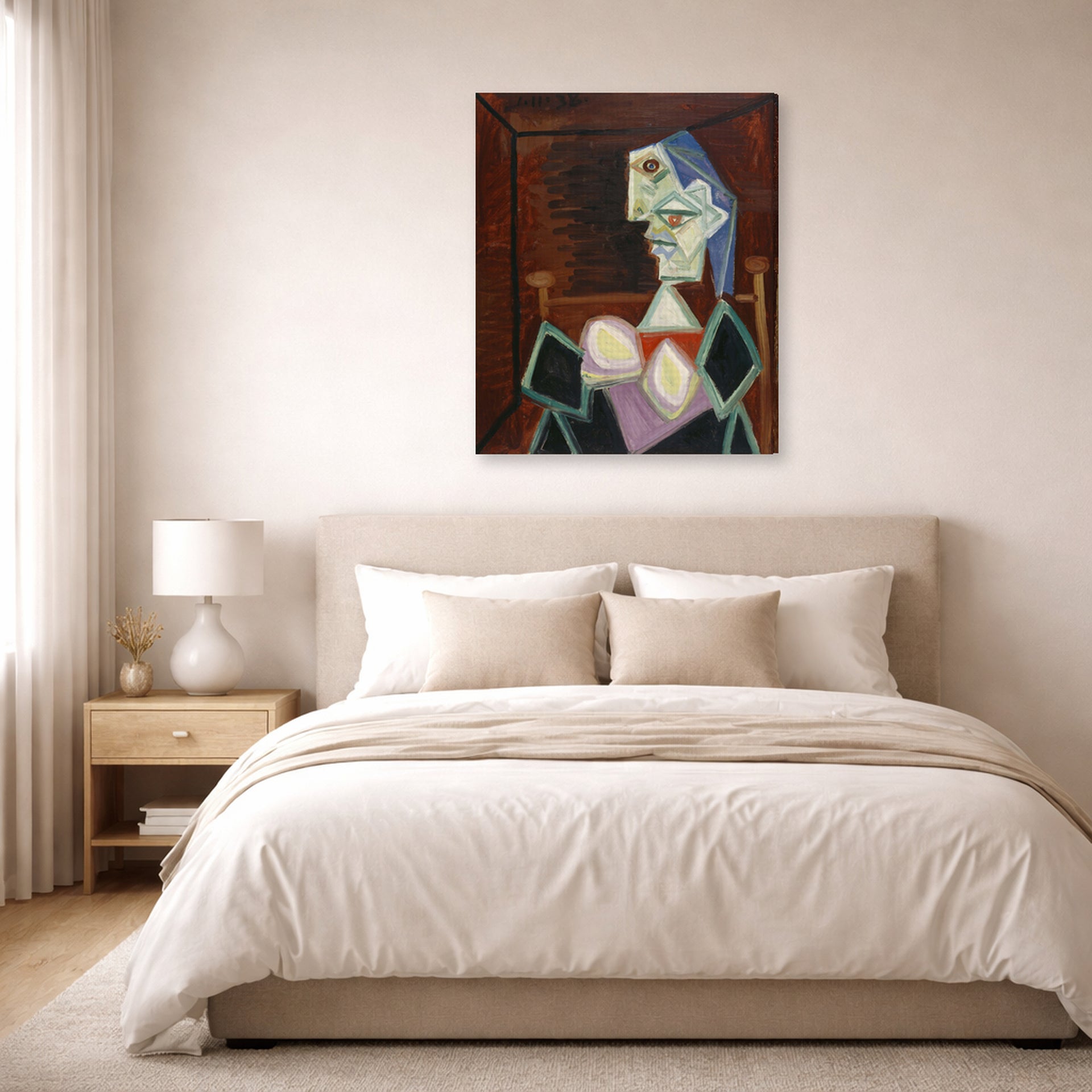 Gallery-wrapped canvas print of Pablo Picasso's 'Profile of a Woman With Blue Hair' displayed on a wall in a bedroom
