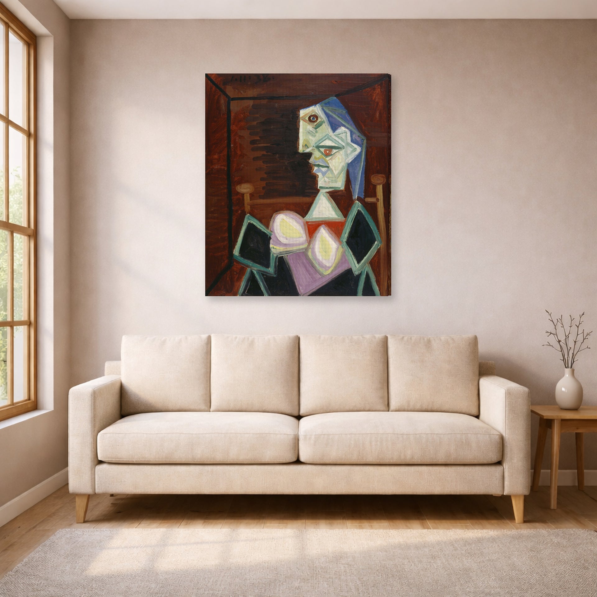 Gallery-wrapped canvas print of Pablo Picasso's 'Profile of a Woman With Blue Hair' displayed on a wall in a living room