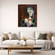 Gallery-wrapped canvas print of Pablo Picasso's 'Profile of a Woman With Blue Hair' displayed on a wall in a living room