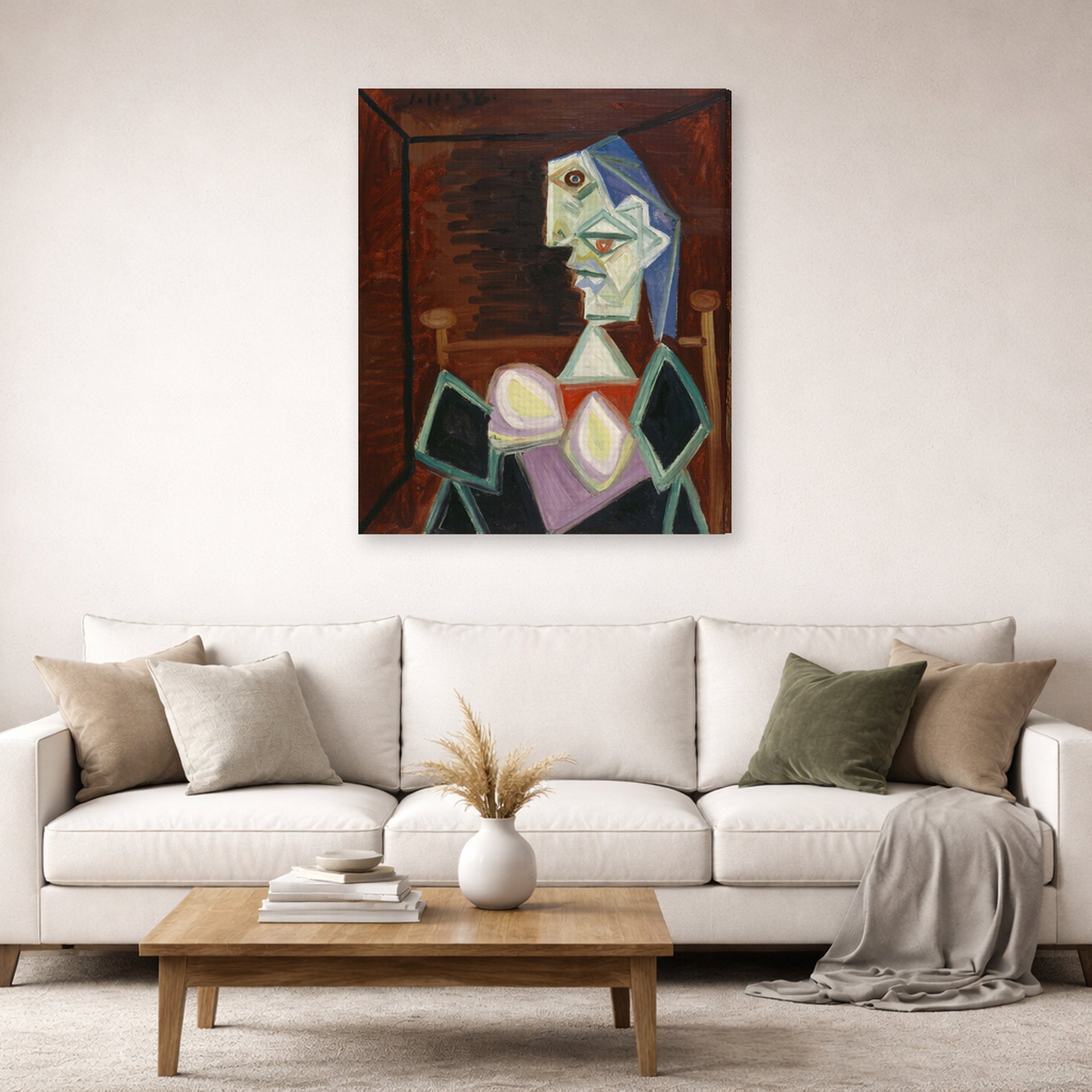 Gallery-wrapped canvas print of Pablo Picasso's 'Profile of a Woman With Blue Hair' displayed on a wall in a living room
