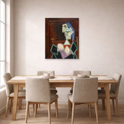 Unframed poster print of Pablo Picasso's 'Profile of a Woman With Blue Hair' displayed on a wall in a dining room