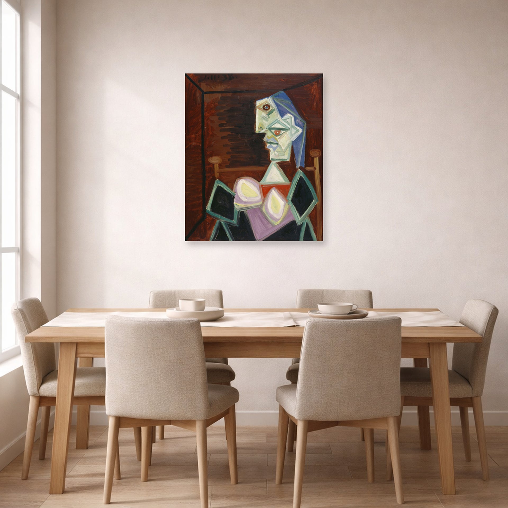 Unframed poster print of Pablo Picasso's 'Profile of a Woman With Blue Hair' displayed on a wall in a dining room