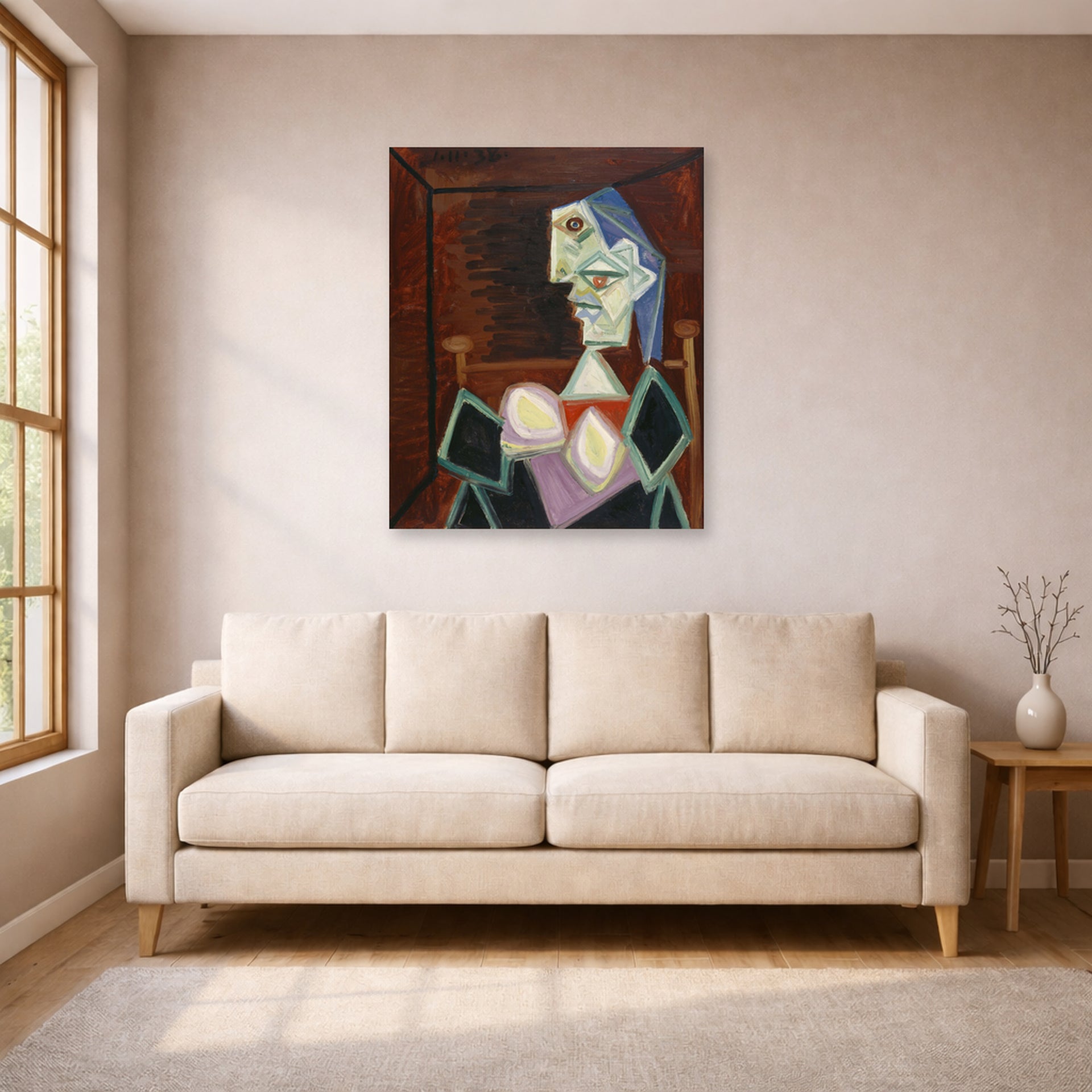 Unframed poster print of Pablo Picasso's 'Profile of a Woman With Blue Hair' displayed on a wall in a living room