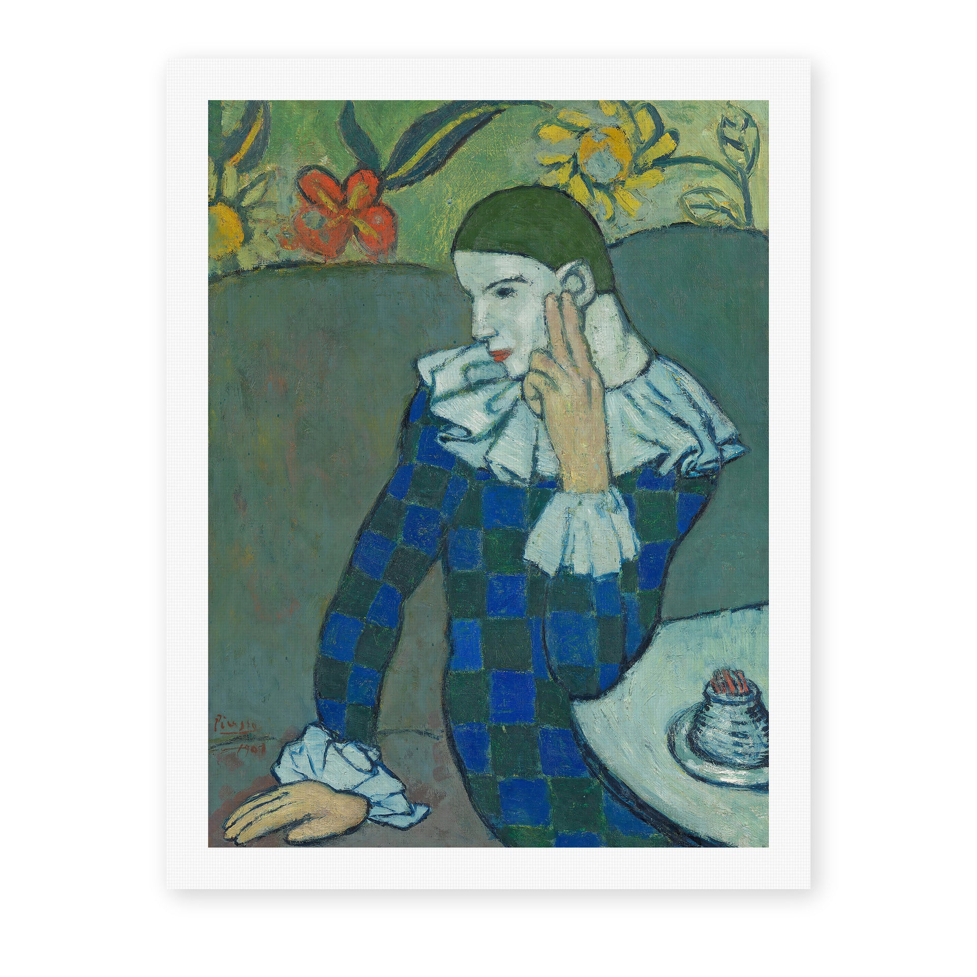 Pablo Picasso's 'Seated Harlequin' painting reproduced as a rolled canvas print