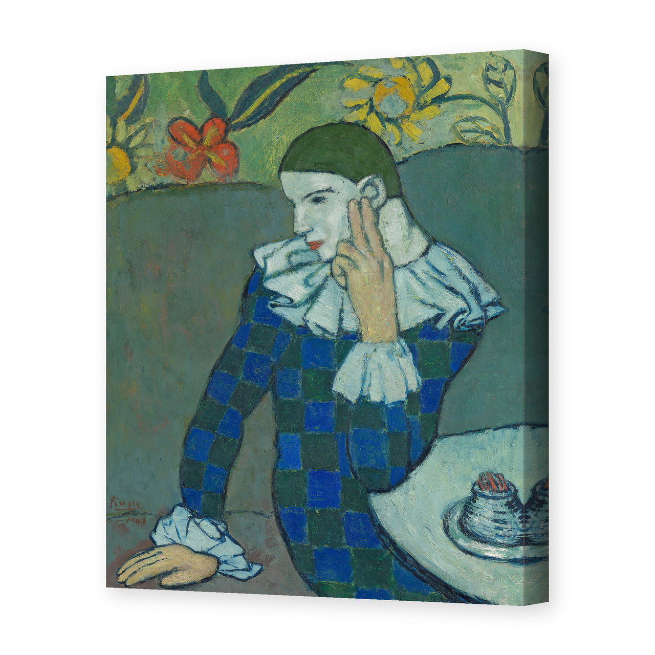 Pablo Picasso's 'Seated Harlequin' painting reproduced as a gallery-wrapped canvas print