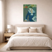 Gallery-wrapped canvas print of Pablo Picasso's 'Seated Harlequin' displayed on a wall in a bedroom