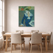 Gallery-wrapped canvas print of Pablo Picasso's 'Seated Harlequin' displayed on a wall in a dining room
