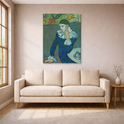 Gallery-wrapped canvas print of Pablo Picasso's 'Seated Harlequin' displayed on a wall in a living room