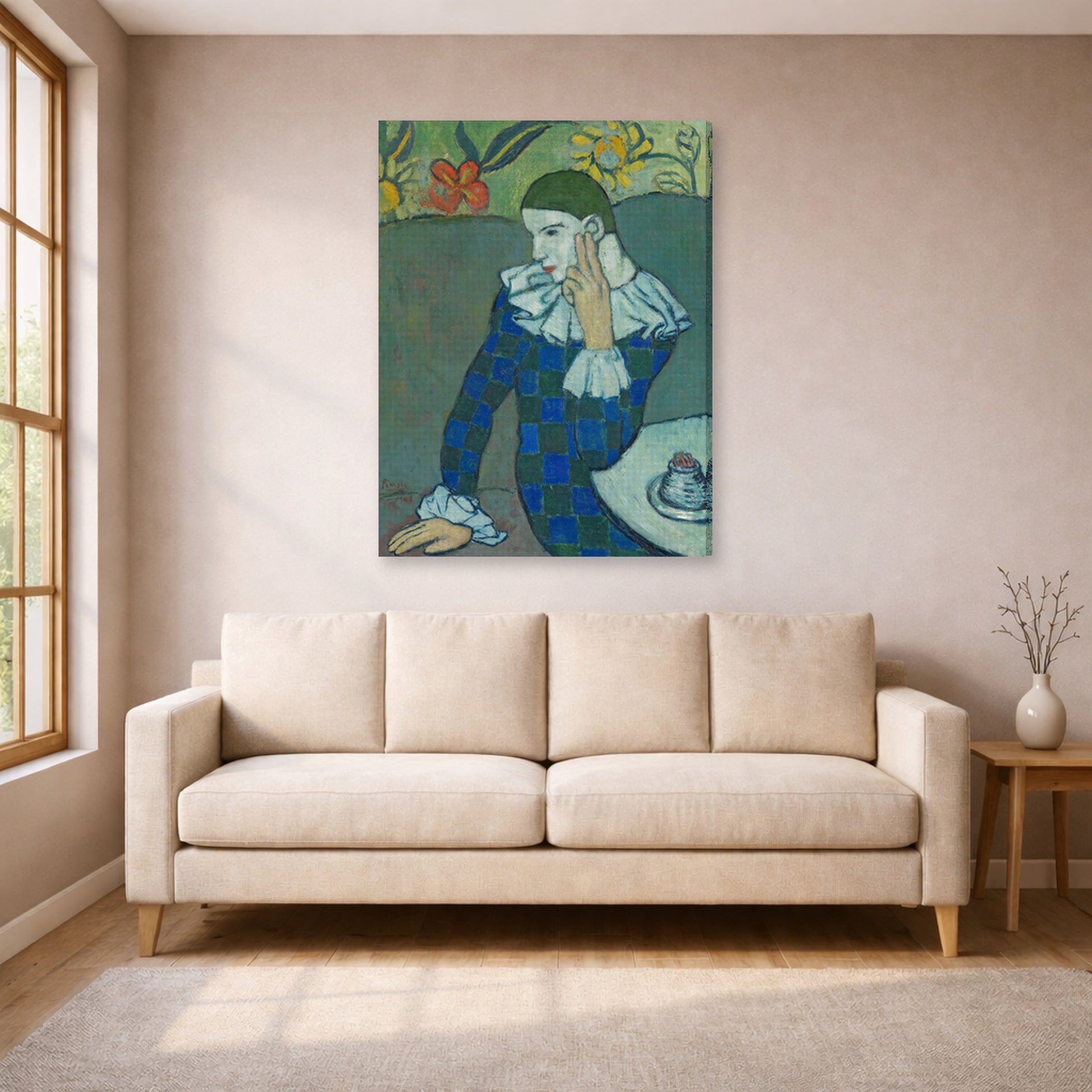 Gallery-wrapped canvas print of Pablo Picasso's 'Seated Harlequin' displayed on a wall in a living room