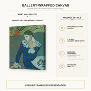 Pablo Picasso - Seated Harlequin gallery wrap canvas construction and hanging details infographic