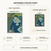 Pablo Picasso - Seated Harlequin poster print size comparison and framing display infographic