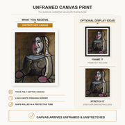 Pablo Picasso - Seated Woman canvas print size comparison and framing display infographic