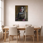 Gallery-wrapped canvas print of Pablo Picasso's 'Seated Woman' displayed on a wall in a dining room