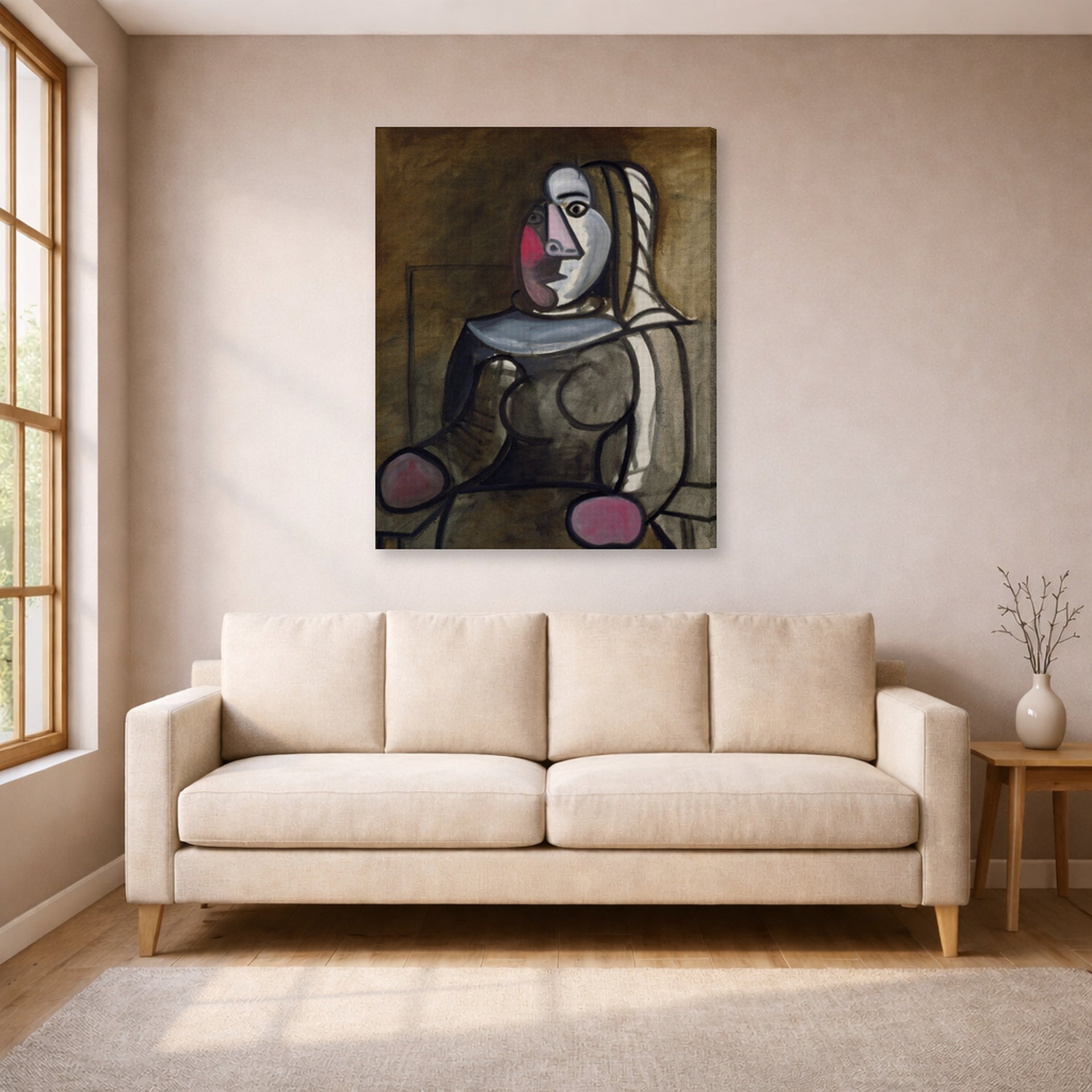Gallery-wrapped canvas print of Pablo Picasso's 'Seated Woman' displayed on a wall in a living room