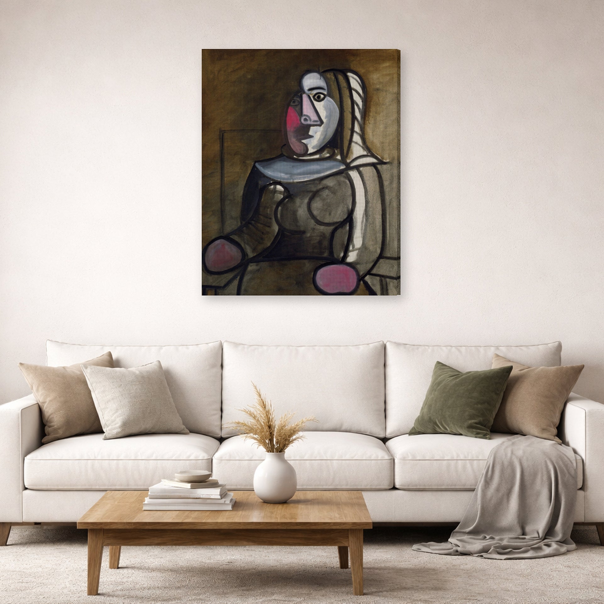 Gallery-wrapped canvas print of Pablo Picasso's 'Seated Woman' displayed on a wall in a living room