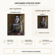 Pablo Picasso - Seated Woman poster print size comparison and framing display infographic