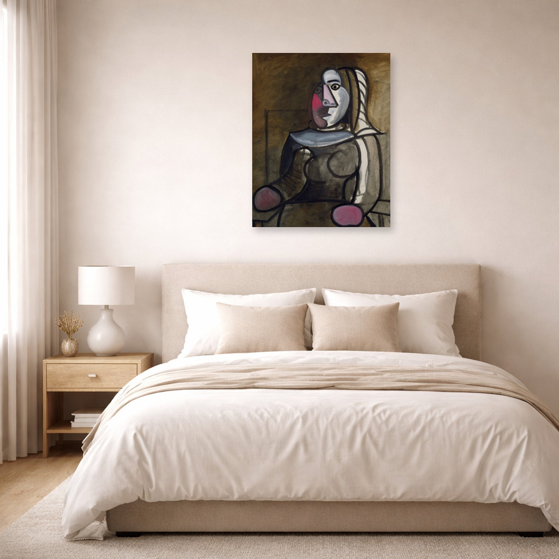 Unframed poster print of Pablo Picasso's 'Seated Woman' displayed on a wall in a bedroom