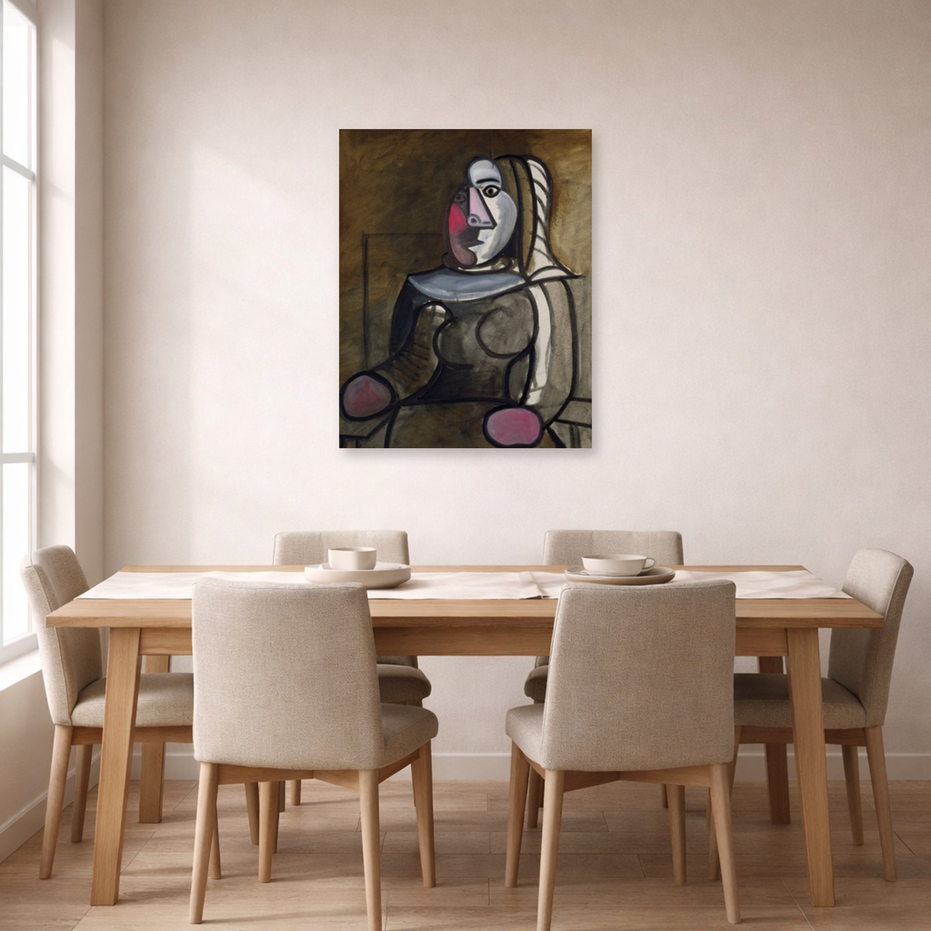 Unframed poster print of Pablo Picasso's 'Seated Woman' displayed on a wall in a dining room