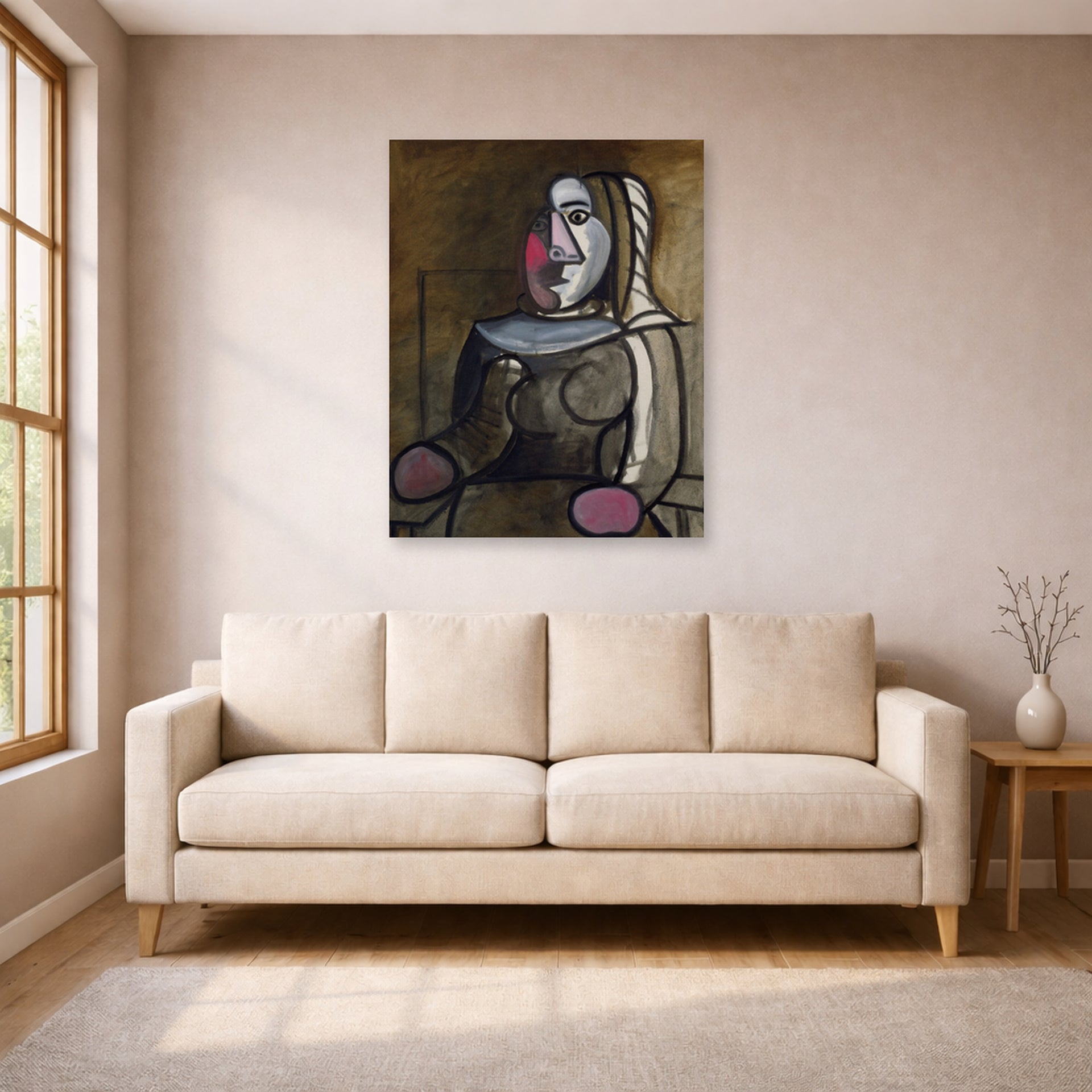 Unframed poster print of Pablo Picasso's 'Seated Woman' displayed on a wall in a living room