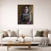 Unframed poster print of Pablo Picasso's 'Seated Woman' displayed on a wall in a living room