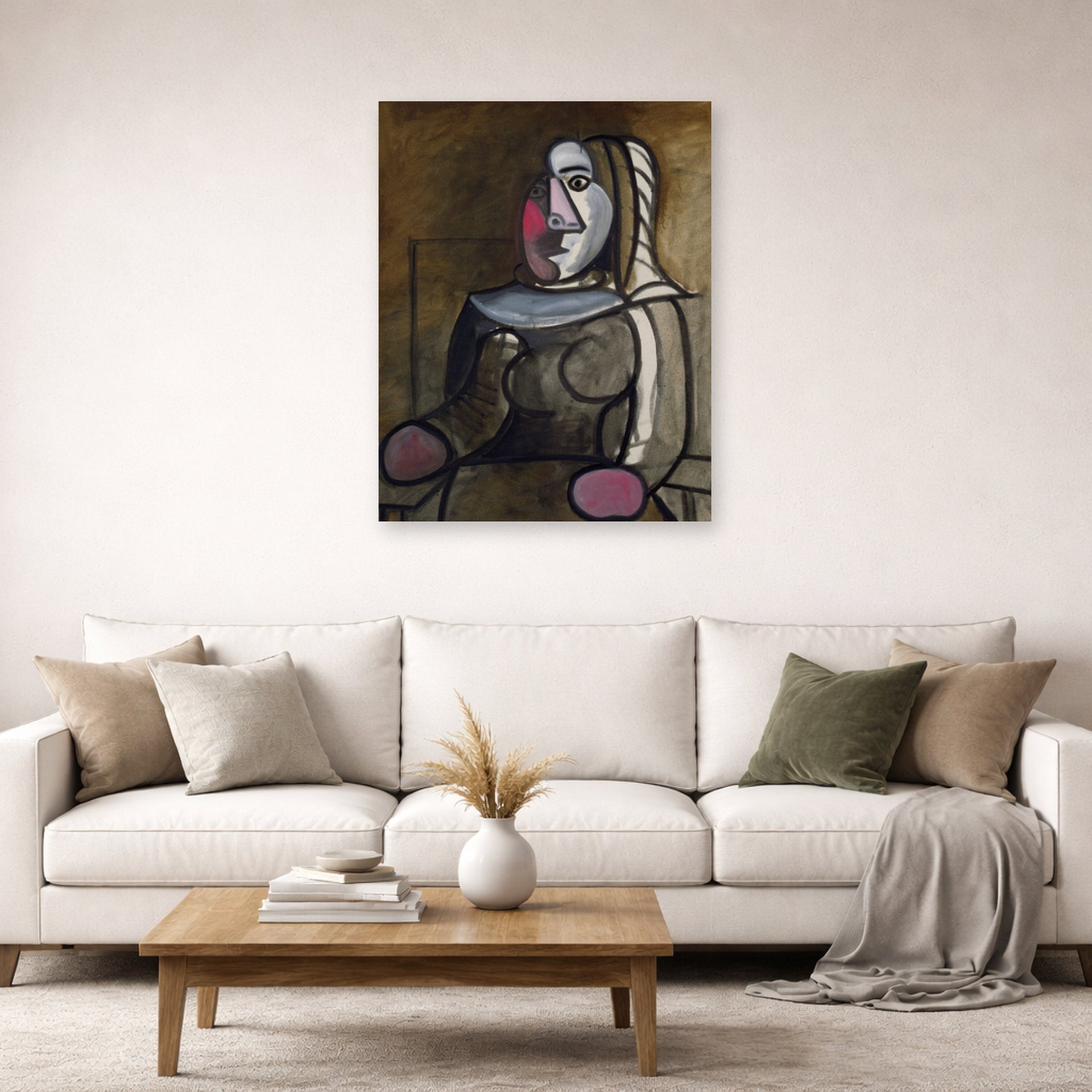 Unframed poster print of Pablo Picasso's 'Seated Woman' displayed on a wall in a living room