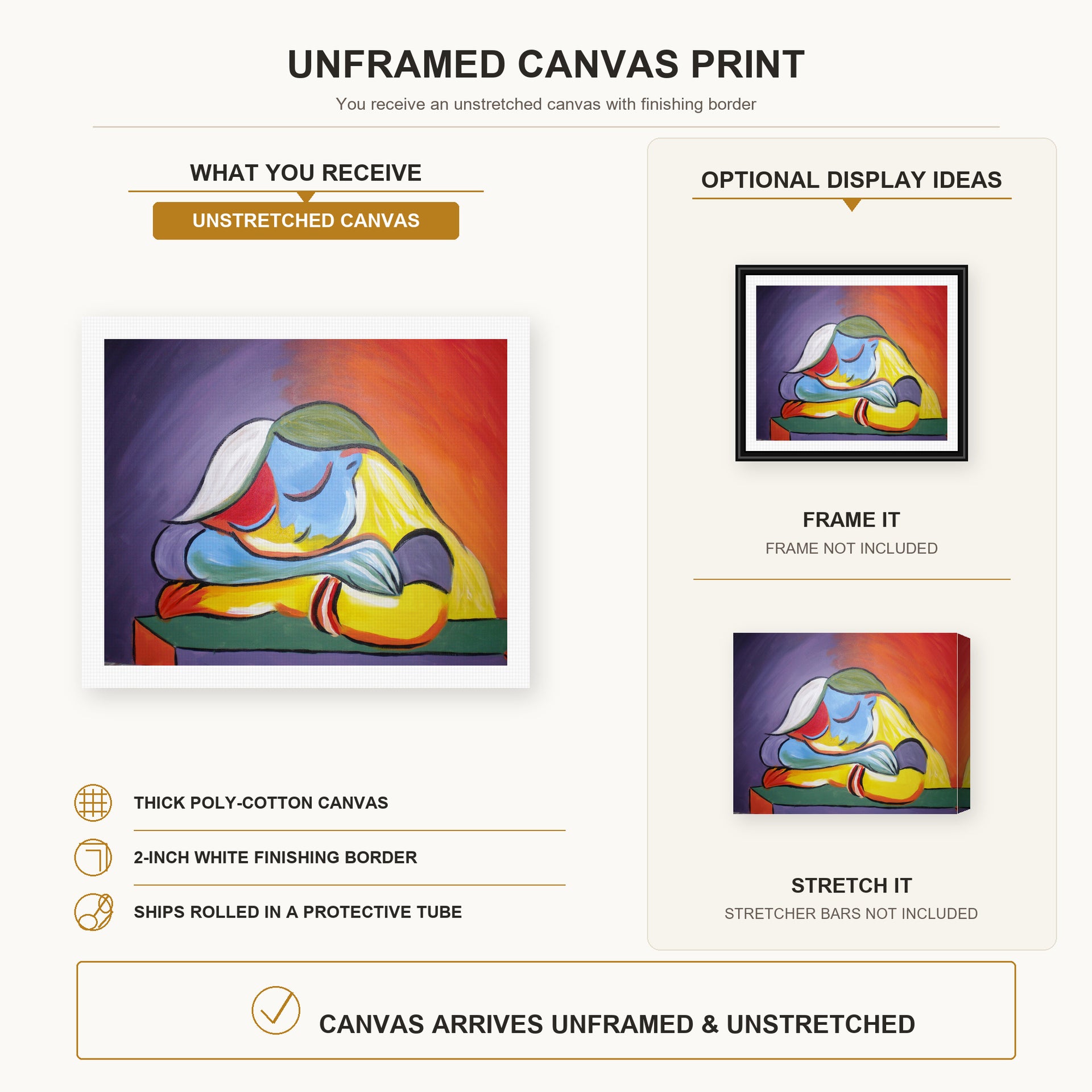 Pablo Picasso - Sleeping Girl canvas print size comparison and framing display infographic