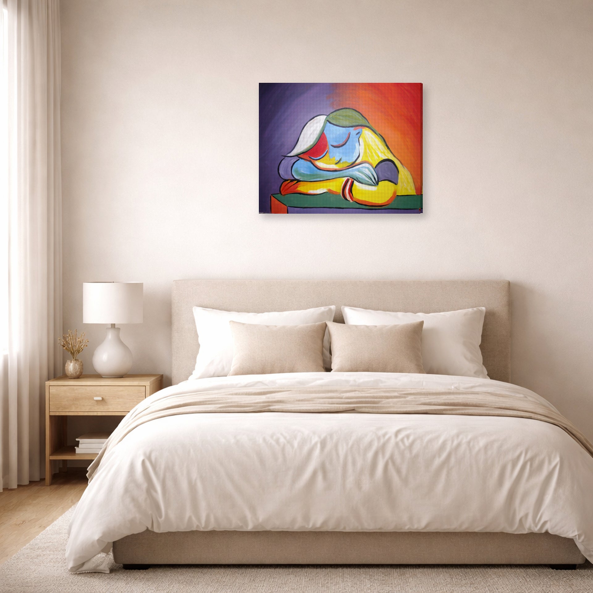 Gallery-wrapped canvas print of Pablo Picasso's 'Sleeping Girl' displayed on a wall in a bedroom