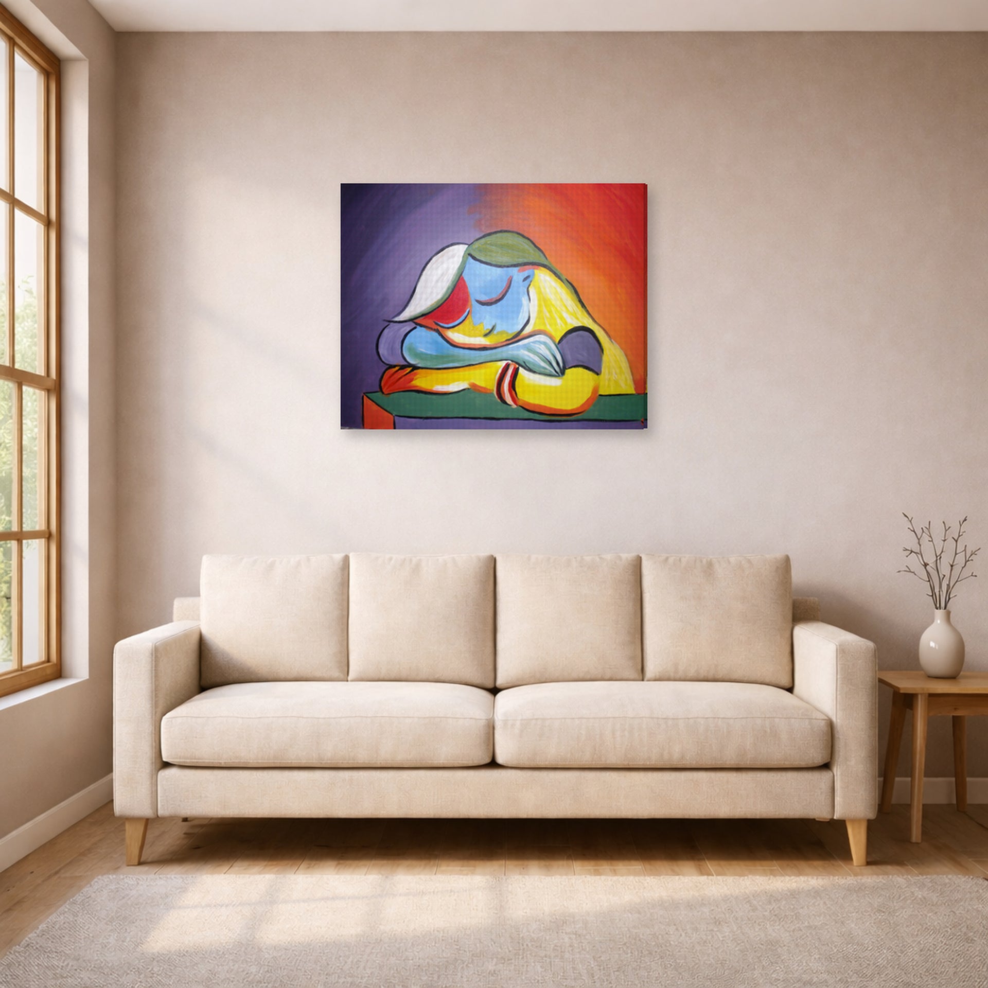 Gallery-wrapped canvas print of Pablo Picasso's 'Sleeping Girl' displayed on a wall in a living room