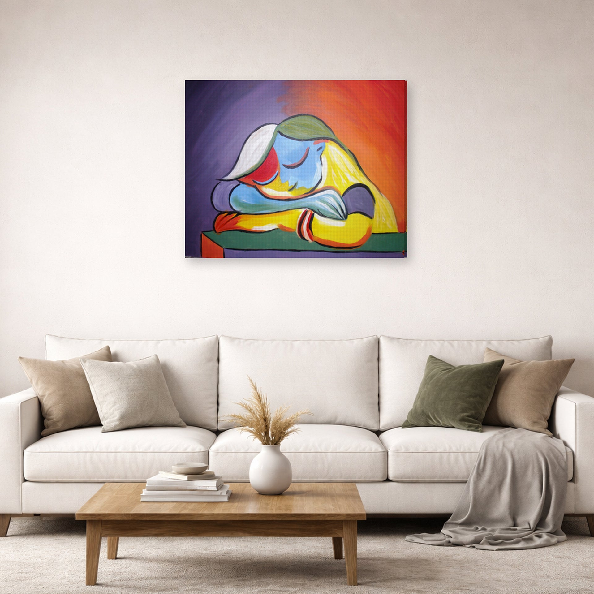 Gallery-wrapped canvas print of Pablo Picasso's 'Sleeping Girl' displayed on a wall in a living room