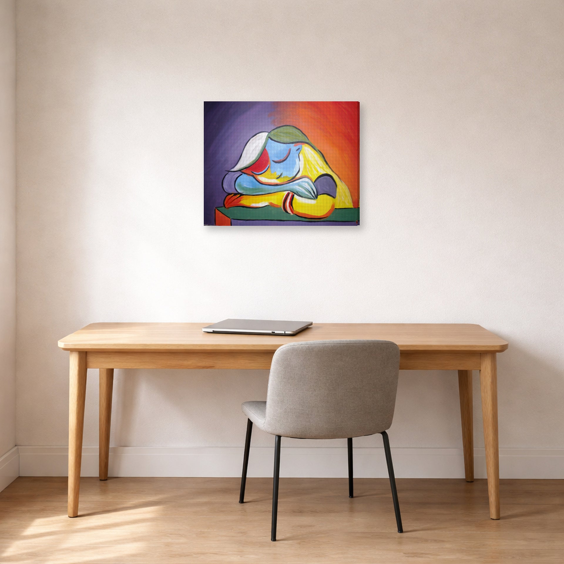 Gallery-wrapped canvas print of Pablo Picasso's 'Sleeping Girl' displayed on a wall in a home office