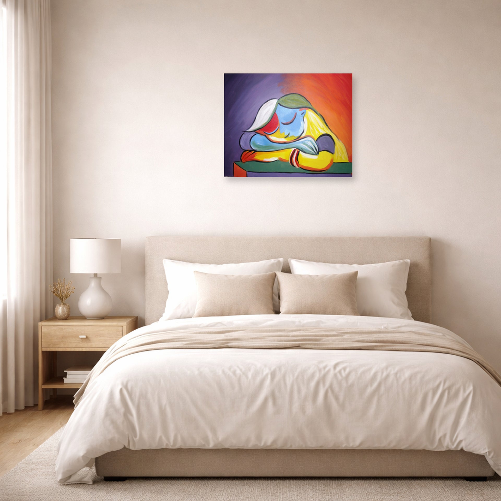 Unframed poster print of Pablo Picasso's 'Sleeping Girl' displayed on a wall in a bedroom