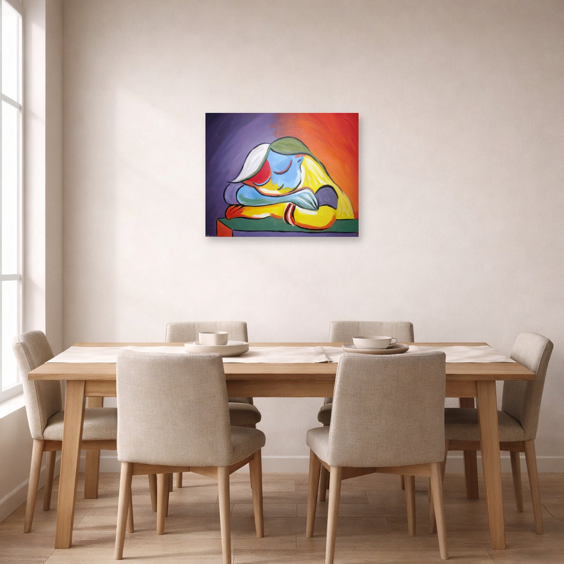 Unframed poster print of Pablo Picasso's 'Sleeping Girl' displayed on a wall in a dining room