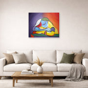 Unframed poster print of Pablo Picasso's 'Sleeping Girl' displayed on a wall in a living room