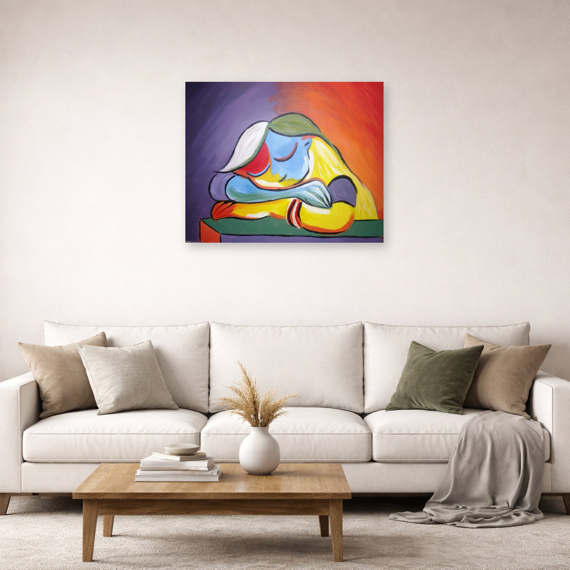 Unframed poster print of Pablo Picasso's 'Sleeping Girl' displayed on a wall in a living room
