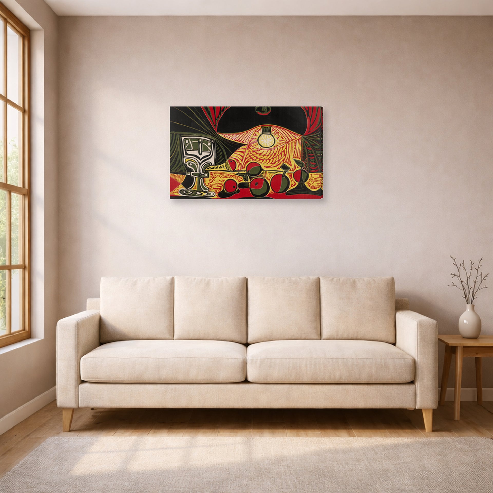 Gallery-wrapped canvas print of Pablo Picasso's 'Still Life Under the Lamp' displayed on a wall in a living room