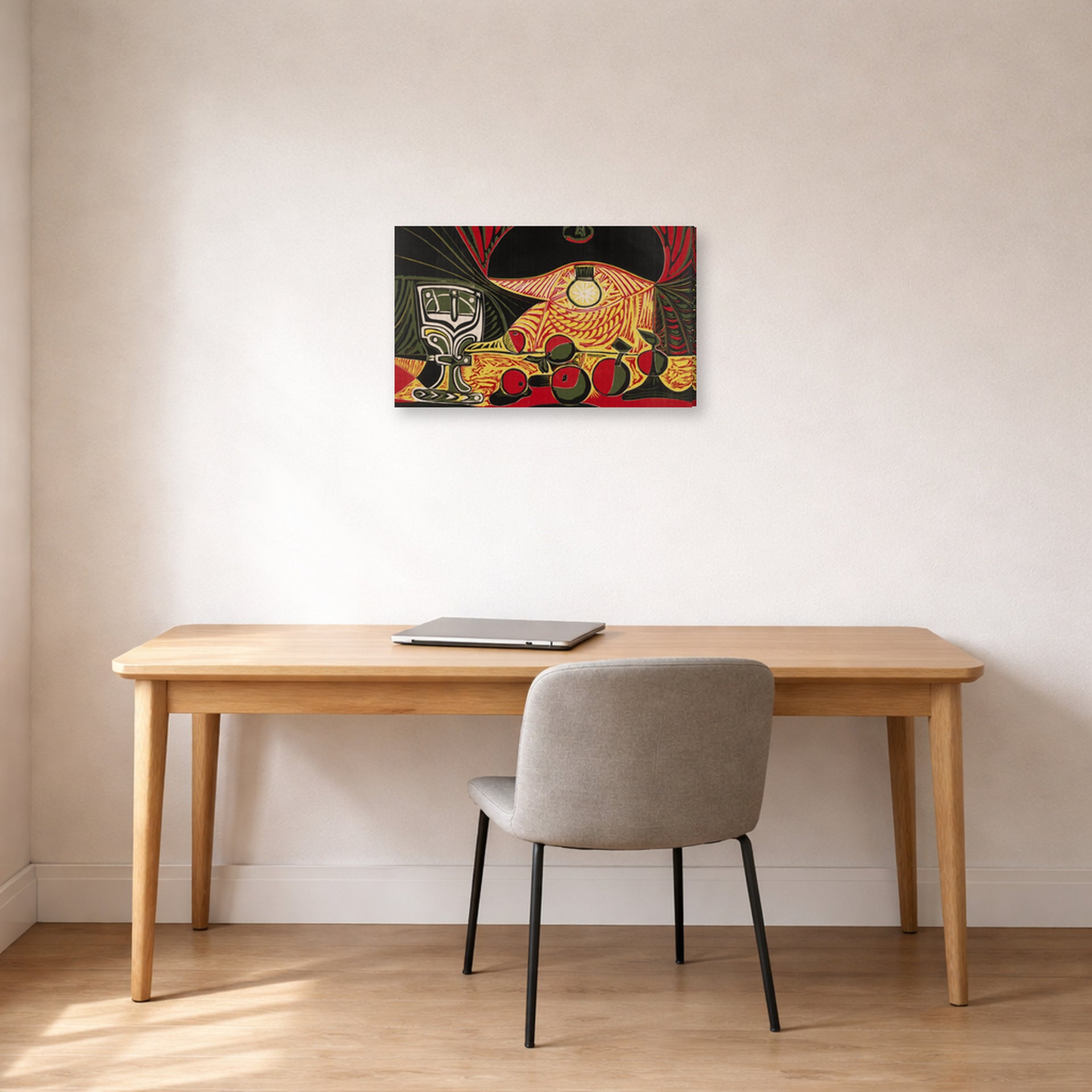 Gallery-wrapped canvas print of Pablo Picasso's 'Still Life Under the Lamp' displayed on a wall in a home office