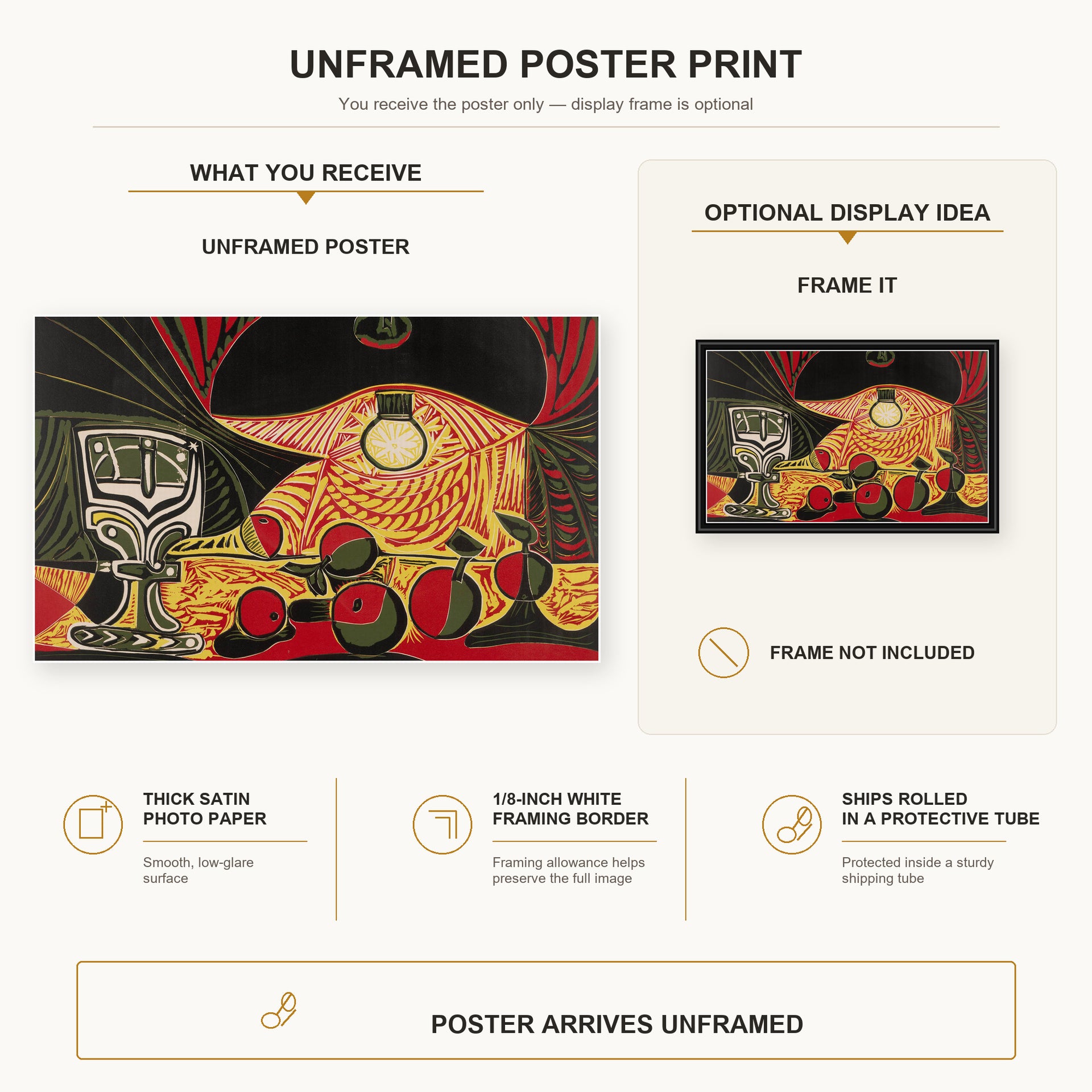 Pablo Picasso - Still Life Under the Lamp poster print size comparison and framing display infographic
