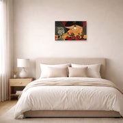 Unframed poster print of Pablo Picasso's 'Still Life Under the Lamp' displayed on a wall in a bedroom