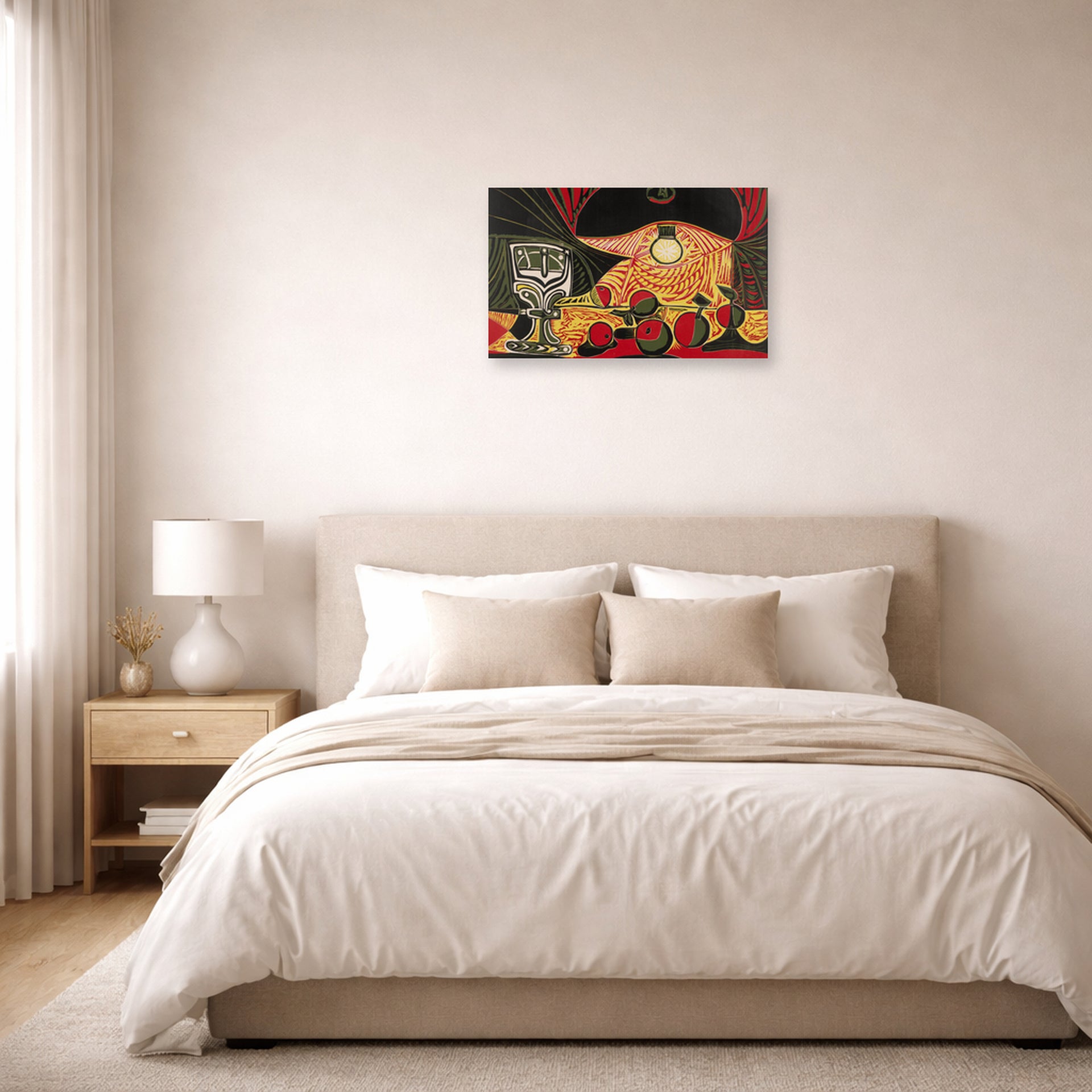 Unframed poster print of Pablo Picasso's 'Still Life Under the Lamp' displayed on a wall in a bedroom