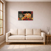 Unframed poster print of Pablo Picasso's 'Still Life Under the Lamp' displayed on a wall in a living room
