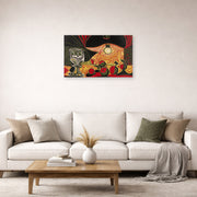 Unframed poster print of Pablo Picasso's 'Still Life Under the Lamp' displayed on a wall in a living room