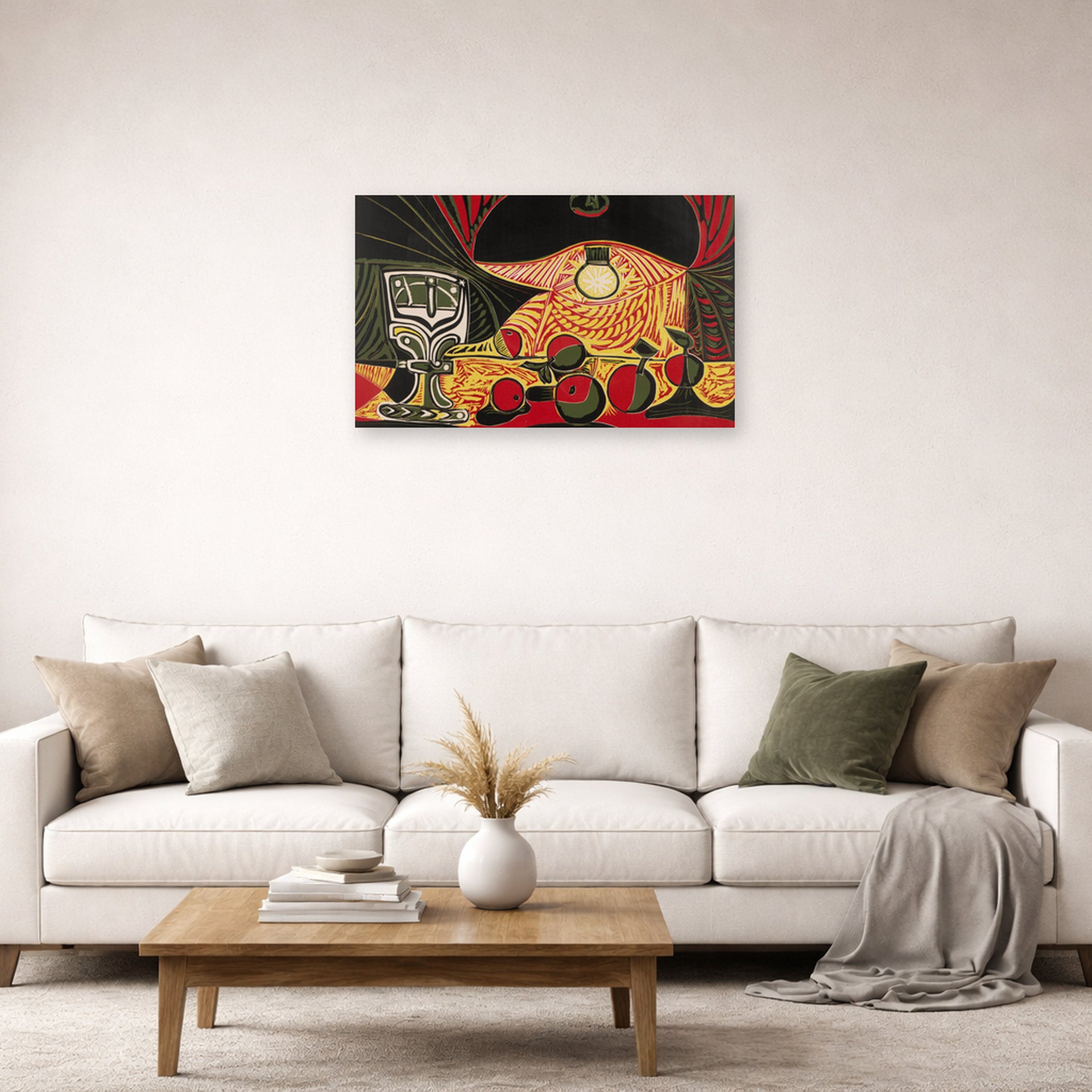 Unframed poster print of Pablo Picasso's 'Still Life Under the Lamp' displayed on a wall in a living room