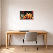Unframed poster print of Pablo Picasso's 'Still Life Under the Lamp' displayed on a wall in a home office