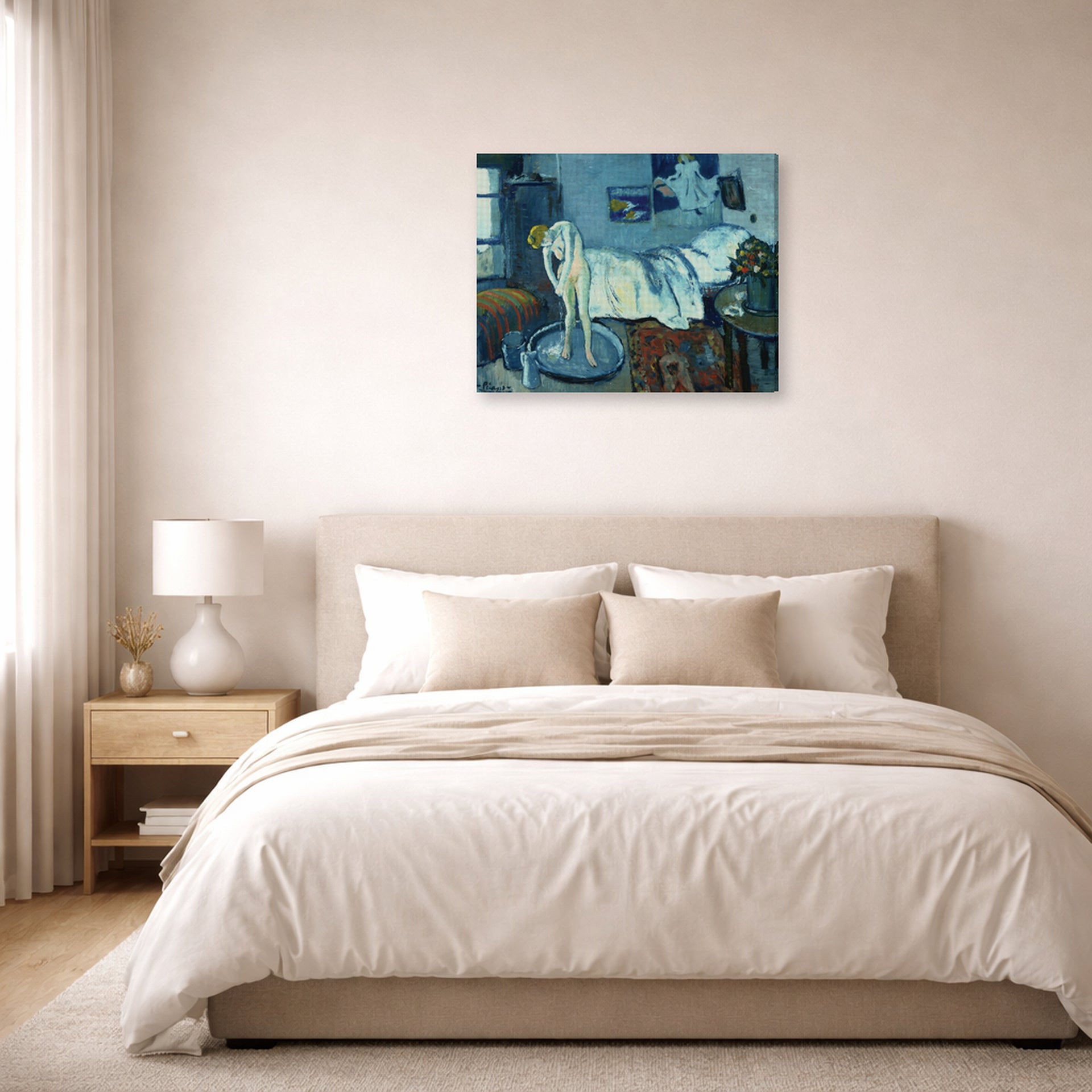 Gallery-wrapped canvas print of Pablo Picasso's 'The Bath Tab' displayed on a wall in a bedroom