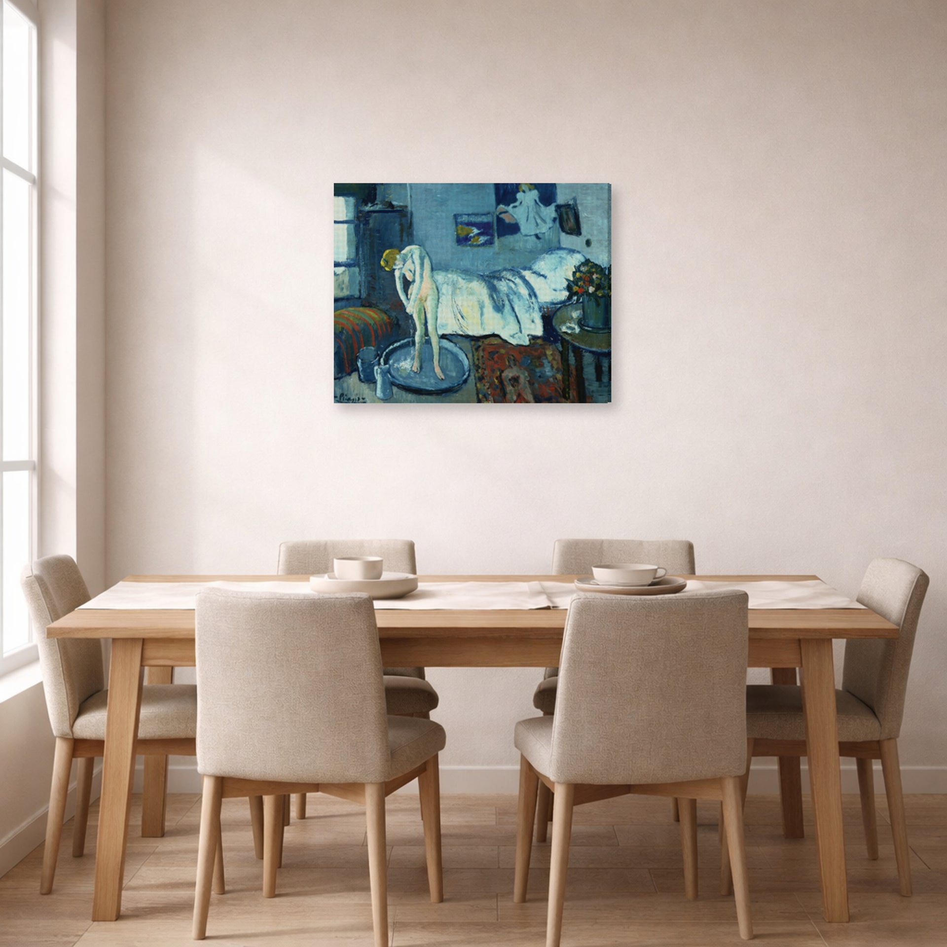 Gallery-wrapped canvas print of Pablo Picasso's 'The Bath Tab' displayed on a wall in a dining room