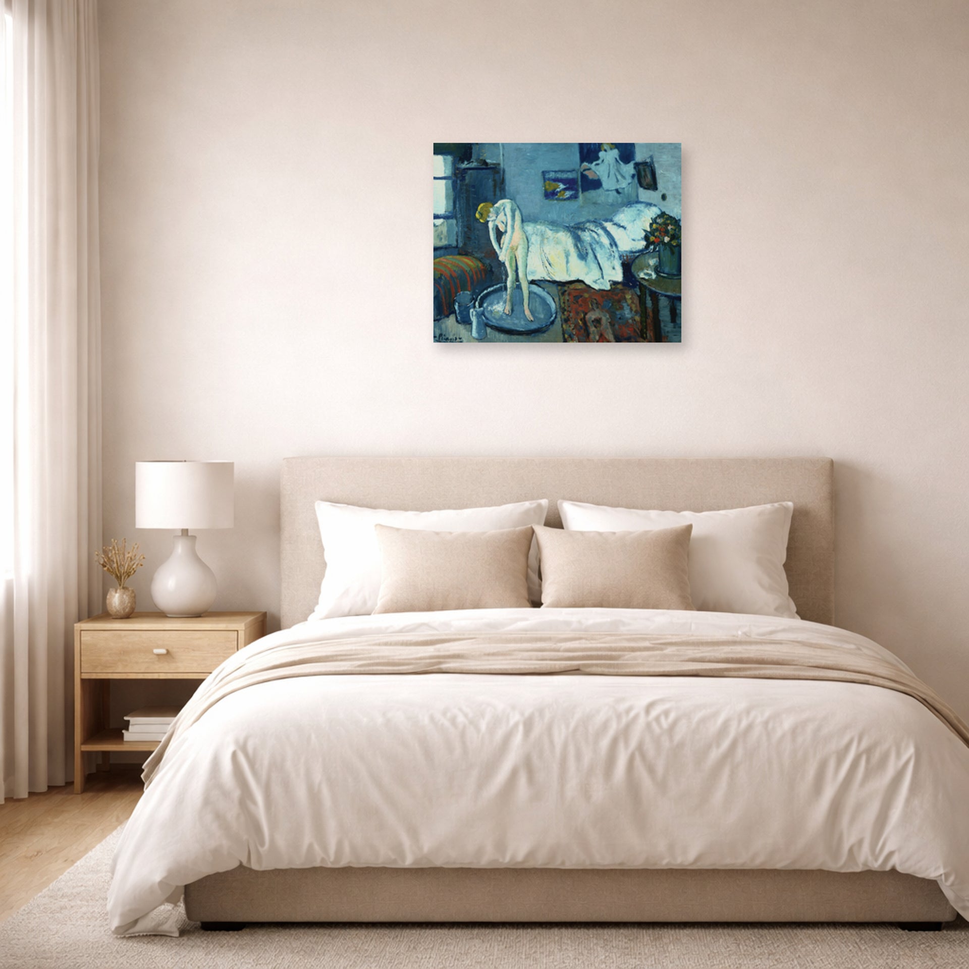 Unframed poster print of Pablo Picasso's 'The Bath Tab' displayed on a wall in a bedroom