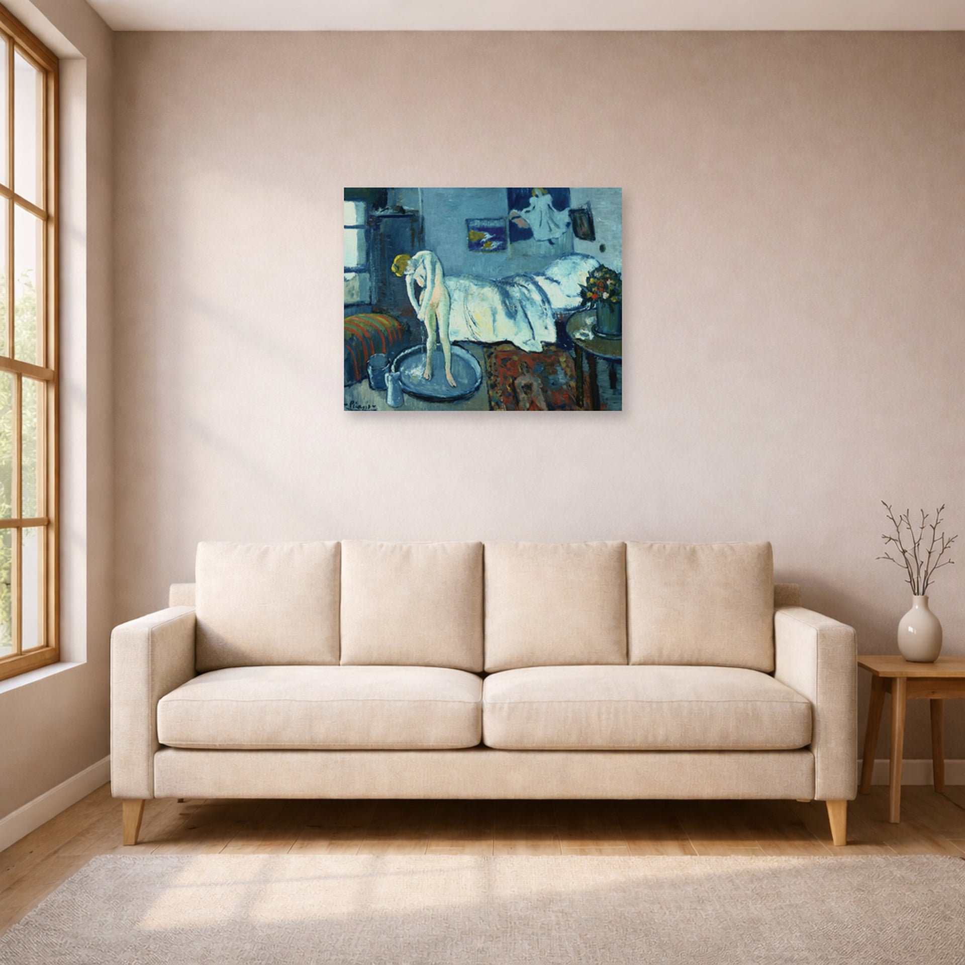 Unframed poster print of Pablo Picasso's 'The Bath Tab' displayed on a wall in a living room