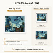 Pablo Picasso - The Blue Room canvas print size comparison and framing display infographic