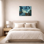 Gallery-wrapped canvas print of Pablo Picasso's 'The Blue Room' displayed on a wall in a bedroom