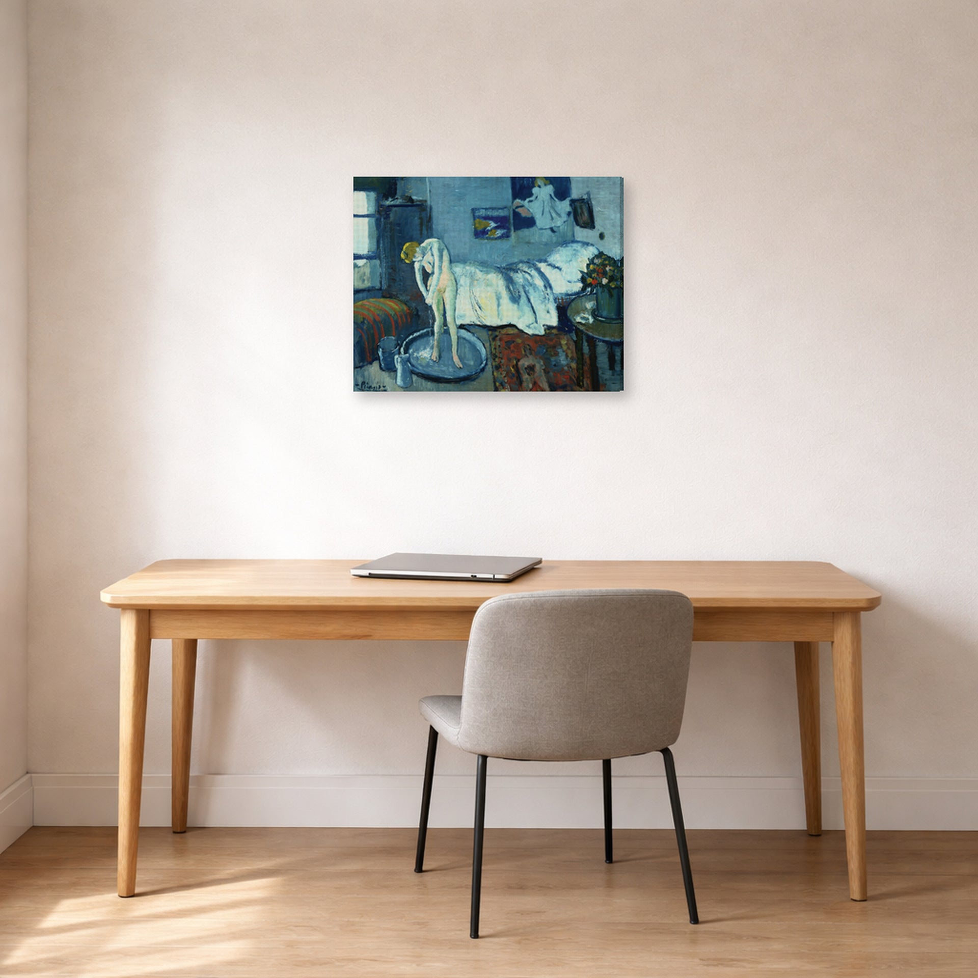 Gallery-wrapped canvas print of Pablo Picasso's 'The Blue Room' displayed on a wall in a home office